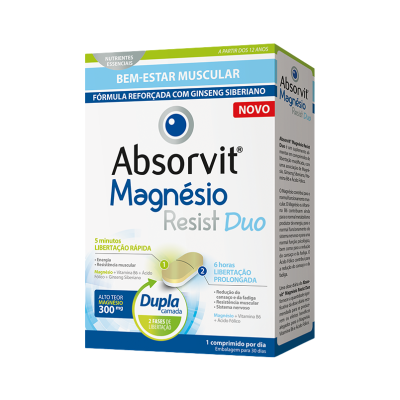 Embalagem do suplemento Absorvit Magnésio Resist Duo para bem-estar muscular