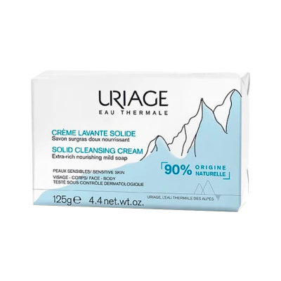Embalagem de sabonete sólido Uriage creme lavante com design branco e azul