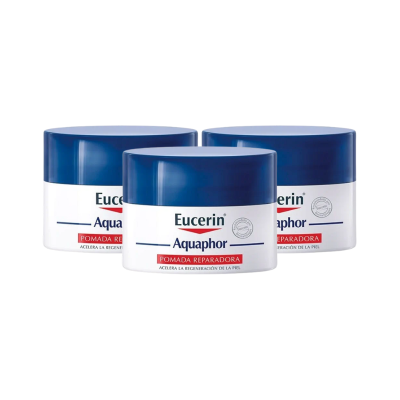 Pomadas Eucerin Aquaphor com tampa azul e corpo branco