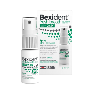 Spray Bexident fresh breath com embalagem branca e detalhes verdes