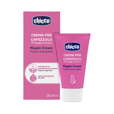 Creme para mamilos Chicco rosa com texto em italiano e inglês