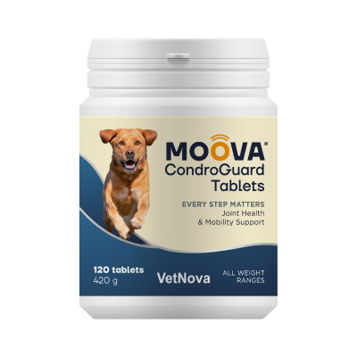 Frasco branco de comprimidos para cães MOOVA CondroGuard Tablets com imagem de cão e texto de suporte articular
