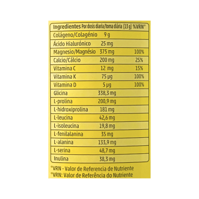 Etiqueta com tabela de ingredientes e valores nutricionais de suplemento em português