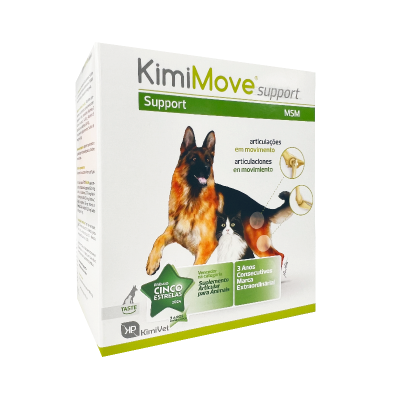 Caixa branca do suplemento KimiMove Support para cães e gatos com texto sobre articulações e prémio Cinco Estrelas.