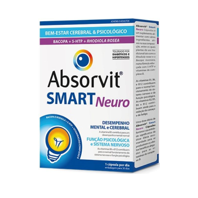 Embalagem do suplemento Absorvit Smart Neuro para bem-estar cerebral e psicológico