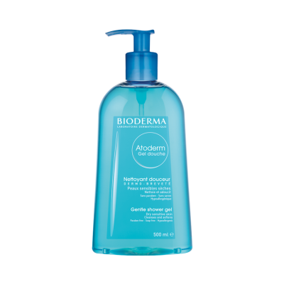 Frasco doseador azul de gel de banho Bioderma Atoderm para pele sensível