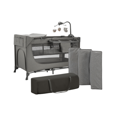 Berço portátil cinzento com móbil e bolsa de transporte