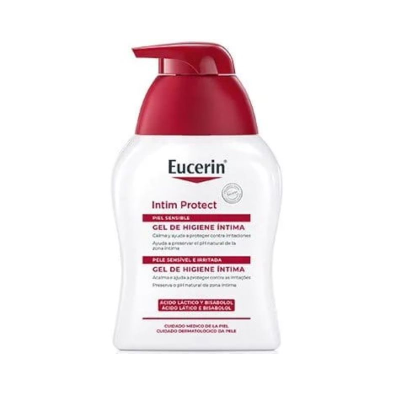 Garrafa branca com tampa vermelha do gel íntimo Eucerin Intim Protect