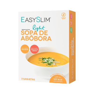 Embalagem de sopa light de abóbora EasySlim com tigela de sopa laranja e informações nutricionais