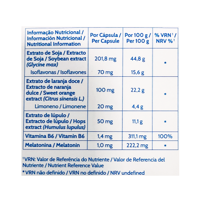 Etiqueta com informação nutricional de suplemento com extratos e vitaminas.