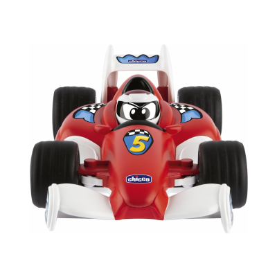 Carrinho de brinquedo de corrida vermelho com piloto e número 5.