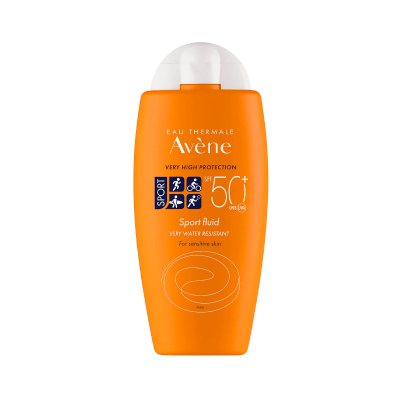 Protetor solar Avène Sport SPF 50+ em frasco laranja com tampa branca