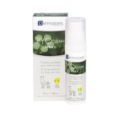 Spray Pyoclean Dermoscent para cães e gatos, embalagem branca e verde, 50 ml
