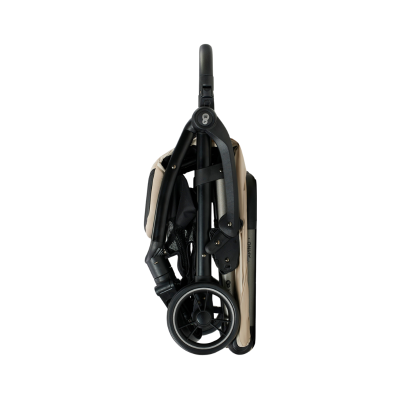 Carrinho de bebé dobrado bege e preto com rodas