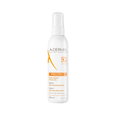 Frasco branco de spray protetor solar A-DERMA SPF 50+