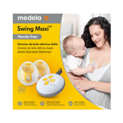 Extrator de leite Medela Swing Maxi Hands-free com embalagem amarela e mulher a usar o produto com bebé