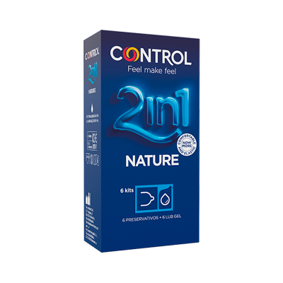 Embalagem de preservativos Control 2in1 Nature azul com texto e símbolos
