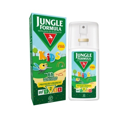 Spray repelente Jungle Formula Kids com embalagem verde, caixa colorida e frasco branco