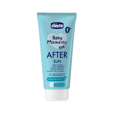Tubo azul claro Chicco Baby Moments After Sun com tampa branca