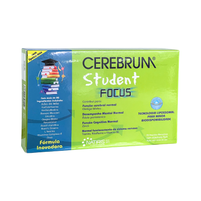 Embalagem do suplemento CEREBRUM Student Focus em verde e azul