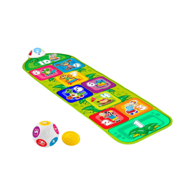 Tapete de jogo infantil colorido com números e animais, dado branco e ficha amarela