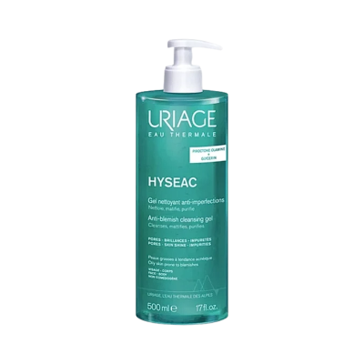 Frasco verde transparente de gel anti-imperfeições Hyseac da marca URIAGE com doseador branco