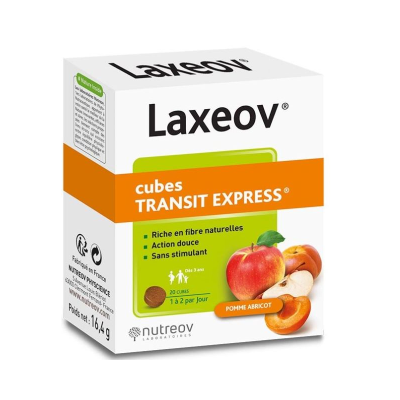 Embalagem branca do produto Laxeov cubes TRANSIT EXPRESS com maçã e damasco