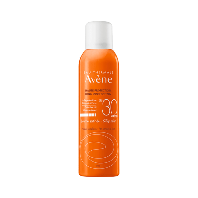 Frasco de spray de proteção solar Avène SPF 30 laranja com tampa branca