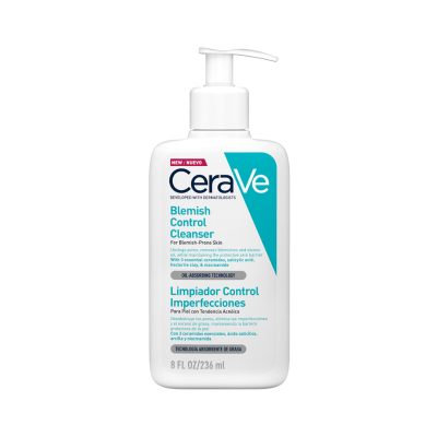 Frasco branco de CeraVe Blemish Control Cleanser com doseador e texto em azul e cinza