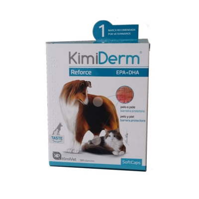 Caixa de medicamento KimiDerm Reforce para cães e gatos, com 120 cápsulas SoftCaps.