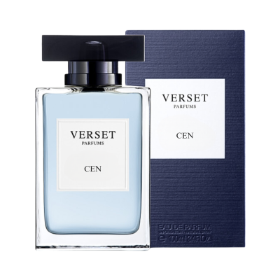 Frasco e embalagem do perfume VERSET PARFUMS CEN azul claro e preto
