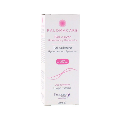 Embalagem de gel vulvar Palomacare com texto em castelhano e francês, detalhes rosa e azul