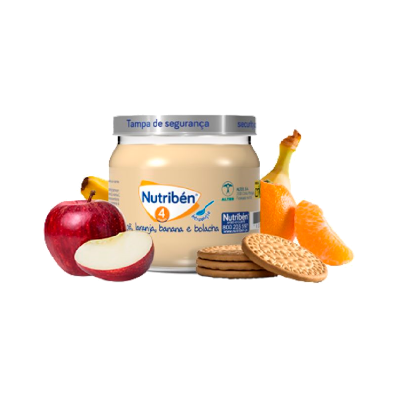 Pote de papinha Nutriben rodeado por frutas e bolachas