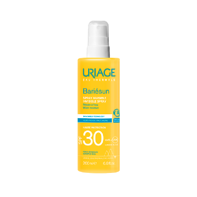 Frasco amarelo spray invisível Uriage Bariésun SPF 30 200 ml