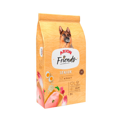 Saco de comida para cães ARION Friends Senior Adult com imagem de cão e ingredientes ilustrados