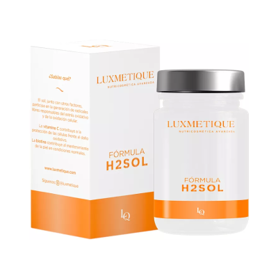 Frasco e caixa de suplemento com rotulagem Luxmetique Fórmula H2SOL