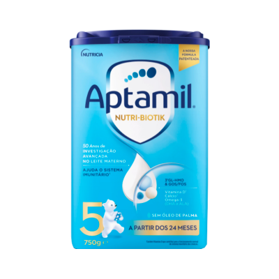Embalagem azul e roxa de Aptamil Nutri-Biotik 750g para crianças a partir dos 24 meses