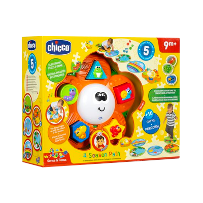 Jogo de puzzle eletrónico infantil Chicco 4-Season Path em embalagem amarela com peças em forma de flor coloridas