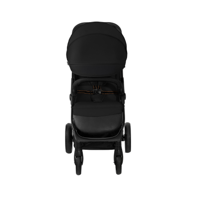 Carrinho de bebé preto visto de frente com rodas e assento acolchoado