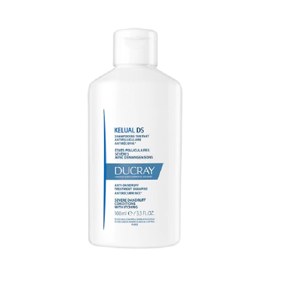 Frasco branco de champô anti-caspa Ducray Kelual DS 100 ml