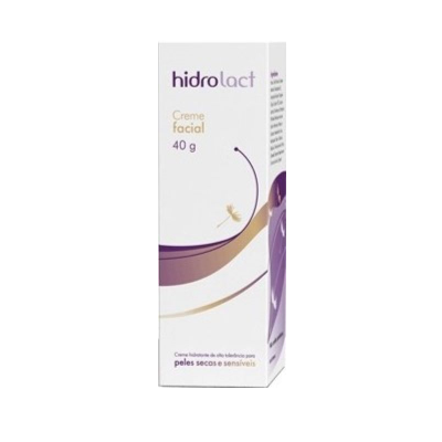 Embalagem de creme facial Hidrolact branco com detalhes roxos e dourados