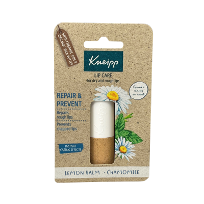 Bálsamo labial Kneipp LEMON BALM · CHAMOMILE com flores e folha, embalagem reciclada castanha com texto azul e prata
