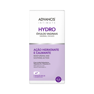 Embalagem branca e lilás de óvulos vaginais Advancis Intimate Hydro com texto em português e inglês