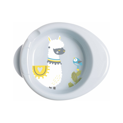 Prato infantil cinzento com ilustração de lhama e pássaro