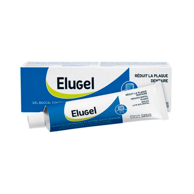 Gel bucal Elugel em tubo com embalagem branca e azul