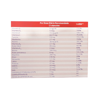 Tabela nutricional em português com dose diária recomendada e percentagens de vitaminas e minerais