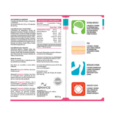 Embalagem de suplemento alimentar com informações detalhadas e símbolos de benefícios para saúde