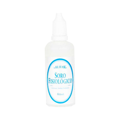 Frasco de plástico branco com tampa conta-gotas contendo Soro Fisiológico