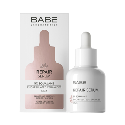 Sérum reparador BABÈ 5% SQUALANE embalagem branca e rosa metálico