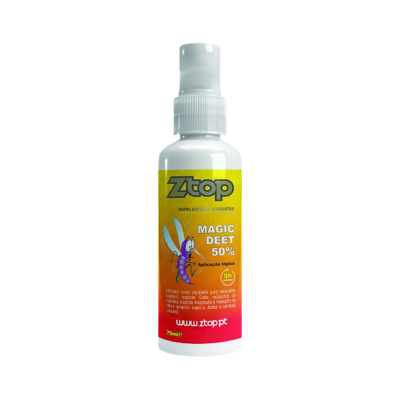 Frasco branco spray Ztop Magic DEET 50% repelente mosquitos etiqueta amarela vermelha